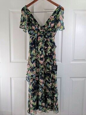 Lulus Blue Floral Print Ruffled Chiffon Backless Midi Dress Fairycore Garden- XS